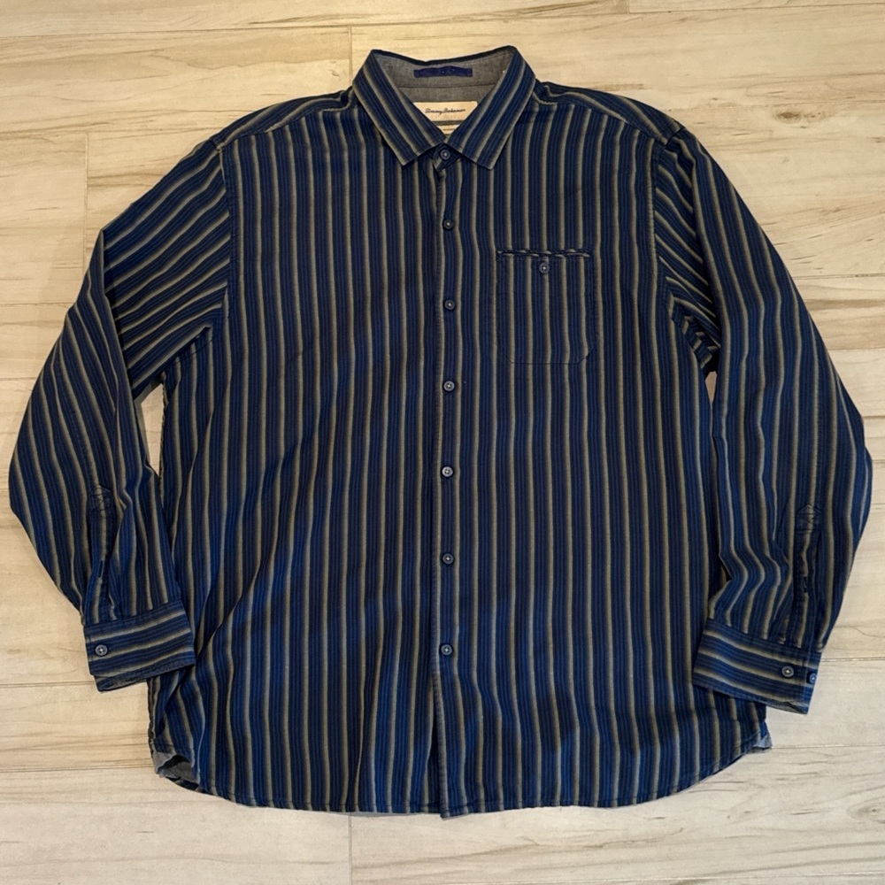 Tommy Bahama Men’s Long Sleeve Button Up Shirt Blue Green Stripe XL Cotton Silk